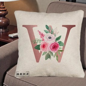 Cadou Personalizat - Perna Personalizata Monograma Rose Gold Litera W cu Trandafiri si Anemona, 40x40 cm, Bej Canapea, Husa Detasabila, Perna Inclusa, BEKZ®