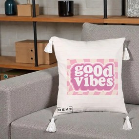 Perna Decorativa Good Vibes Retro Roz, 40x40 cm, Bej cu Franjuri, Husa Detasabila, Perna Inclusa, BEKZ®