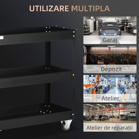 DURHAND Cărucior de Atelier cu 3 Niveluri cu Margini Înalte și 4 Roți Pivotante, 83x35,3x76 cm, Negru | Aosom Romania