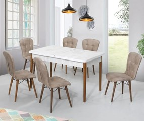 Set masa alba extensibila cu 4 scaune tapitate maro Homs Cristal 110 x 70 cm, picioare lemn