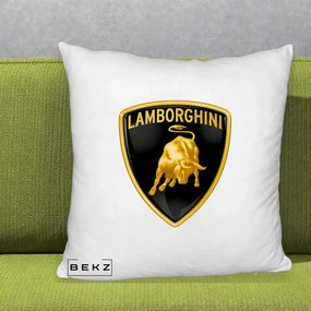 Perna Personalizata cu emblema Lamborghini, 40x40 cm, Alb Pufos, Husa Detasabila, Perna Inclusa, BEKZ®