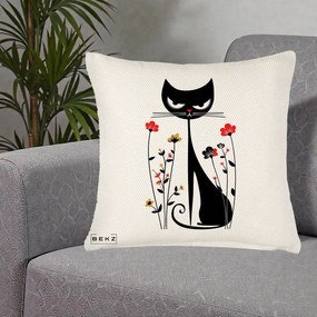 Perna Decorativa Pisica Neagra Grafica Flori Rosii, 40x40 cm, Crem Reliefat, Husa Detasabila, Perna Inclusa, BEKZ®