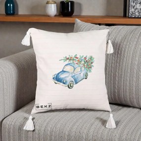 Perna Decorativa Masinuta Albastra cu Brad de Craciun, 40x40 cm, Bej cu Franjuri, Husa Detasabila, Perna Inclusa, BEKZ®