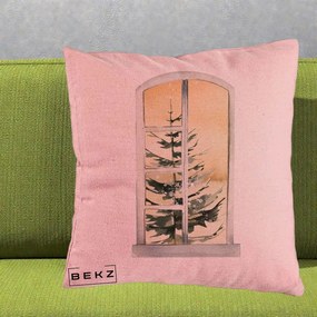 Perna Decorativa Fereastra cu Brad de Iarna, 40x40 cm, Roz, Husa Detasabila, Perna Inclusa, BEKZ®