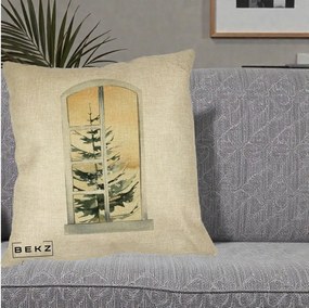 Perna Decorativa Fereastra cu Brad de Iarna, 40x40 cm, Crem, Husa Detasabila, Perna Inclusa, BEKZ®