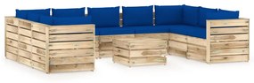 Set mobilier de gradina cu perne, 10 piese, lemn verde tratat albastru si maro, 10