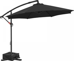 Umbrelă suspendată de grădină, cu braț lateral și manivelă, impermeabilă, protecție UV, bază în cruce inclusă + BONUS sac greutate (weights bag inclus), Negru