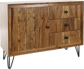 Bufet din lemn de acacia, maro, cu 1 ușă și 3 sertare cu caneluri, picioare din metal negru, 77 x 100 x 40 cm, „Ondac”