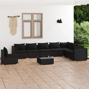 Set mobilier de gradina cu perne, 9 piese, negru, poliratan Negru, 3x colt + 5x mijloc + masa, 1