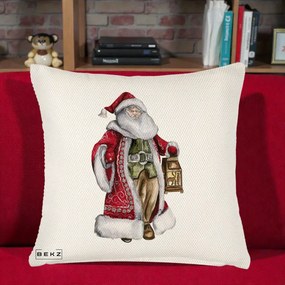 Perna Decorativa Mos Craciun Vintage cu Felinar, 40x40 cm, Crem Reliefat, Husa Detasabila, Perna Inclusa, BEKZ®