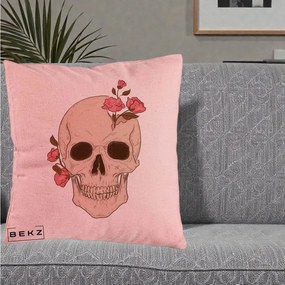 Perna Decorativa Craniu Floral Gothic, 40x40 cm, Roz, Husa Detasabila, Perna Inclusa, BEKZ®