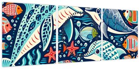 Tablou – Animale acvatice desenate (cu ceas) (90x30 cm)