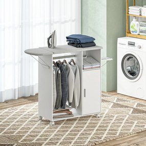 HOMCOM Dulap Multifuncțional cu Masă de Călcat | Blat din Tesatura Efect In | 3 Rafturi | Ghidaj pentru Agățat | 127x42.5x99 cm | Alb | Aosom Romania