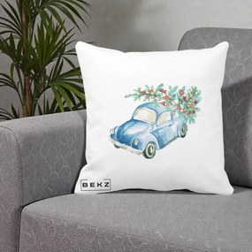 Perna Decorativa Masinuta Albastra cu Brad de Craciun, 40x40 cm, Alba Mata, Husa Detasabila, Perna Inclusa, BEKZ®