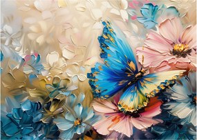 Tablou pe sticlă - Pictura de flori și fluturi (70x50 cm)