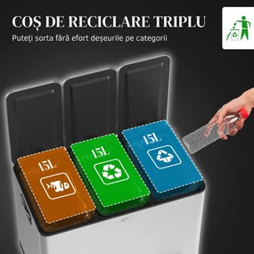 HOMCOM Pubelă de reciclare 45L cu 3 compartimente și închidere silențioasă, din oțel inoxidabil și PP, 61.9x36.6x43.2 cm, argintiu | Aosom Romania