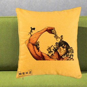 Perna Personalizata Attack on Titan Eren Titan Grup, 40x40 cm, Galben, Husa Detasabila, Perna Inclusa, BEKZ®