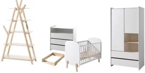 Set KIDDY este compusă dintr-un Pat copii pentru copii (60x120), comodă cu 3 sertare cu schimbător, Dulap camera copii cu 2 uși și bibliotecă.
