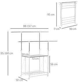 HOMCOM Suport pentru Îmbracaminte şi pentru Rufe Extensibil, 2 Paliere, Înaltime reglabila şi Roţi, 88-157x50x95-160cm, Alb