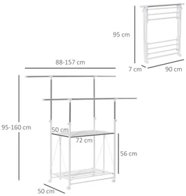 HOMCOM Suport pentru Îmbracaminte şi pentru Rufe Extensibil, 2 Paliere, Înaltime reglabila şi Roţi, 88-157x50x95-160cm, Alb