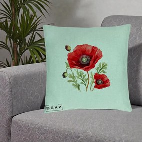 Perna Decorativa Maci Rosii Acuarela, 40x40 cm, Verde Menta, Husa Detasabila, Perna Inclusa, BEKZ®