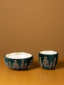 Lumânare decorativă din sticlă și catifea verde închis, brodată cu brazi aurii din mărgele, finisaj catifelat, 7 x 15 cm, „Sapinière”