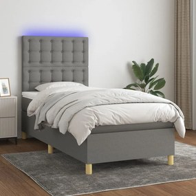 vidaXL Pat cu arcuri, saltea și LED, gri închis, 90x190 cm, textil