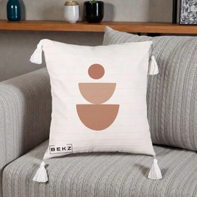 Perna Decorativa Geometric Boho Semicerc Stivuit, 40x40 cm, Bej cu Franjuri, Husa Detasabila, Perna Inclusa, BEKZ®