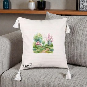 Perna Decorativa Gradina Primavara Acuarela, 40x40 cm, Bej cu Franjuri, Husa Detasabila, Perna Inclusa, BEKZ®