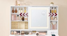 Masuta machiaj cu Oglinda LED si 9 Sertare pentru Cosmetice, Set Masa toaleta 110 cm, Alb, masuta cosmetica, vanity - SEA822