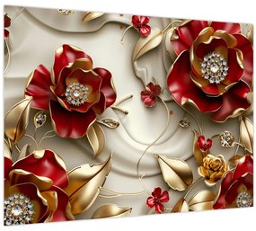 Tablou pe sticlă - Flori 3D Roșu-Auriu (70x50 cm)