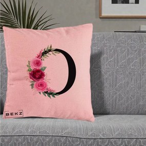 Cadou Personalizat - Perna Personalizata Monograma Florala Litera O, 40x40 cm, Roz, Husa Detasabila, Perna Inclusa, BEKZ®