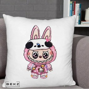 Perna Personalizata Labubu Panda-Bunny Roz, 40x40 cm, Alb Pufos, Husa Detasabila, Perna Inclusa, BEKZ®