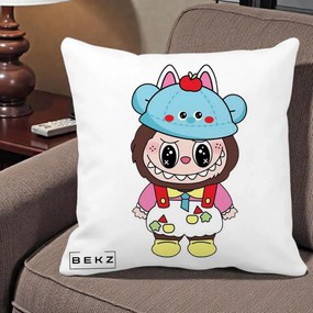 Perna Personalizata Labubu x Urs Albastru Colorat, 40x40 cm, Alba Mata, Husa Detasabila, Perna Inclusa, BEKZ®