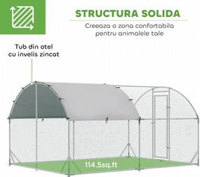 PawHut Coteț pentru Găini de Exterior, 2.8x3.8x2m Recintă din Oțel Zincat cu Acoperiș Impermeabil Anti-UV și Încuietoare, Găini, Iepuri și Rațe | Aosom Romania