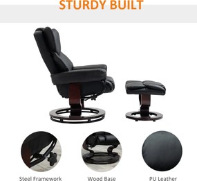 HOMCOM Fotoliu Relaxant si Puf, Reclinabil la 145° cu Scaun Rotativ din Piele Ecologica, Negru | Aosom Romania
