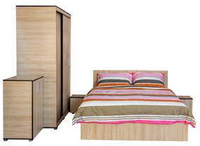 Set dormitor CORINNE, 5 piese, pat 160x200 cm, dulap usi glisante, 2 noptiere, comoda, sonoma deschis, cant sonoma inchis