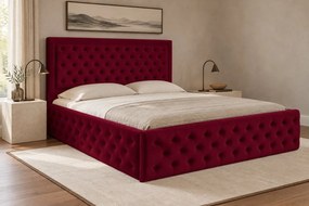 Pat tapițat Chesterfield din catifea Ophelia Deluxe 120×200 cm, vișiniu, cu ladă de depozitare