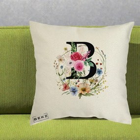 Cadou Personalizat - Perna Personalizata Monogram Litera B cu Flori Acuarela, 40x40 cm, Ecru, Husa Detasabila, Perna Inclusa, BEKZ®