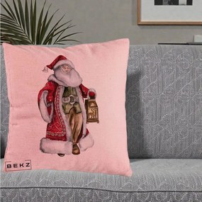 Perna Decorativa Mos Craciun Vintage cu Felinar, 40x40 cm, Roz, Husa Detasabila, Perna Inclusa, BEKZ®