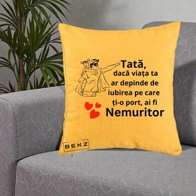 Cadou pentru Tata - Perna Personalizata Tata Nemuritor Supererou cu Masca, 40x40 cm, Galben, Husa Detasabila, Perna Inclusa, BEKZ®