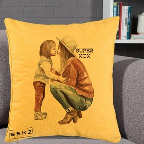 Cadou pentru Mama - Perna Personalizata Super Mom Acuarela, 40x40 cm, Galben, Husa Detasabila, Perna Inclusa, BEKZ®