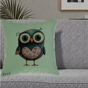Perna Decorativa Bufnita cu Inimioare Roz, 40x40 cm, Verde, Husa Detasabila, Perna Inclusa, BEKZ®