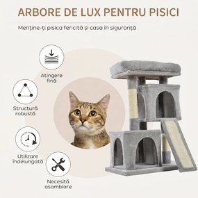 PawHut Ansamblu pentru pisici cu stalpi din sisal, pat si 2 case cu tapiterie de plus, 59x39x83cm, gri | Aosom Romania