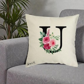 Cadou Personalizat - Perna Personalizata Monograma Florala Litera U, 40x40 cm, Ecru, Husa Detasabila, Perna Inclusa, BEKZ®