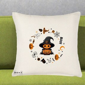 Perna Decorativa Halloween Dovleac Vrajitor Boo cu Simboluri, 40x40 cm, Crem Reliefat, Husa Detasabila, Perna Inclusa, BEKZ®