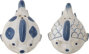 Set solniță și pipernița din ceramică albastră în formă de pești pictați manual, 9,5×6,5×9 cm, „Fugu"