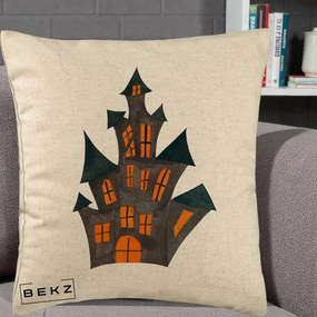 Perna Decorativa Halloween Casa Bantuita Minimalista, 40x40 cm, Bej, Husa Detasabila, Perna Inclusa, BEKZ®