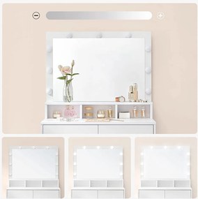 Masuta machiaj cu Oglinda LED si 2 Sertare pentru Cosmetice, Set Masa toaleta 80 cm, Alb, masuta cosmetica, vanity - SEA385