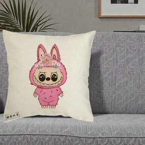 Perna Personalizata Labubu Roz cu Coroana Florala, 40x40 cm, Ecru, Husa Detasabila, Perna Inclusa, BEKZ®